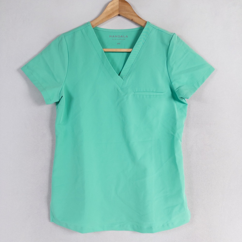 Mandala Scrub Top Women XXS Green V-Neck Short Sleeve Medical Stretch Equa-Tek